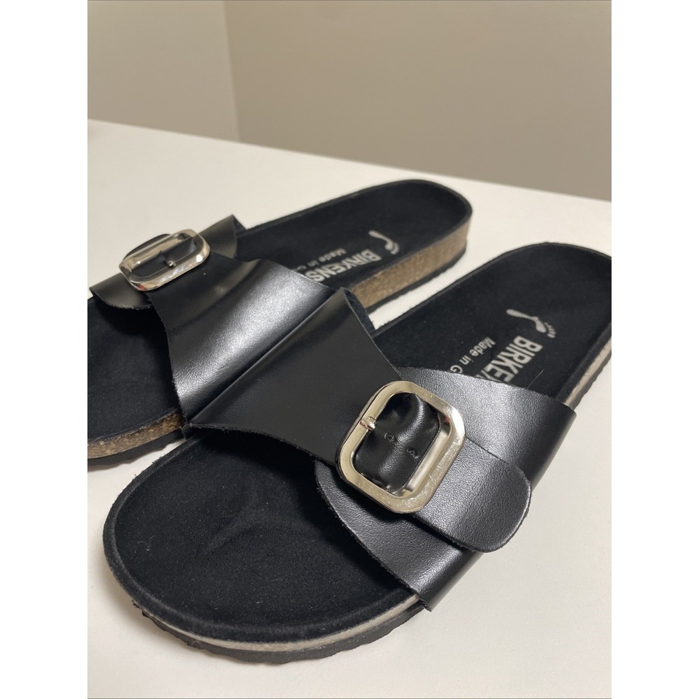 Birkenstock Black Leather Slide Sandals Large Buckle Flat Casual Womens 8.5